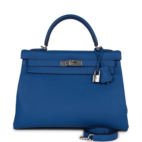 Hermes Kelly Retourne Togo Palladium 32 Bleu Electrique 